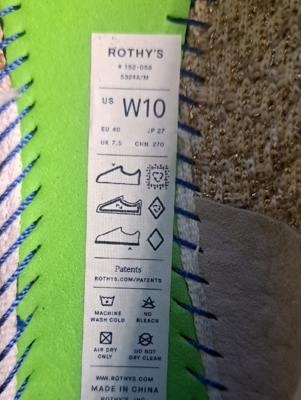 Rothy's Metallic Gold Pointed Knit Flats with Blue Trim 10 - Picture 3 of 7
